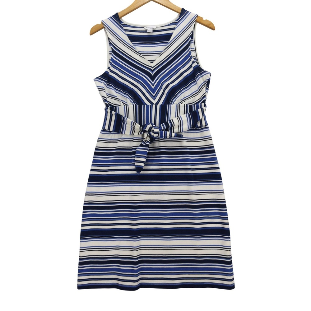Nautica Striped Dress Womens Small Blue White V-Neck Sleeveless Tie Waist